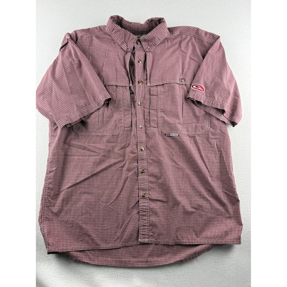 Drake Waterfowl Mens Large Red Check Short Sleeve Vented Fishing Hunting Shirt‎